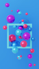 Multiple spheres and a frame. Vertical 3D illustration