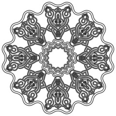 a fabulous flower. circular symmetrical ornament. floral pattern. decorative element. black and white isolated drawing by hand. coloring page, print, template, embroidery, henna, tattoo.