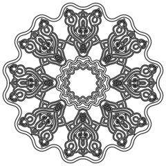 a fabulous flower. circular symmetrical ornament. floral pattern. decorative element. black and white isolated drawing by hand. coloring page, print, template, embroidery, henna, tattoo.
