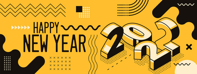 happy new year 2022 retro style cover with modern geometric abstract background with isometric. happy new year greeting card banner design for 2022 calligraphy. Yellow black Vector illustration