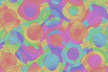 ごく淡いマルチカラーの円と曲線の模様