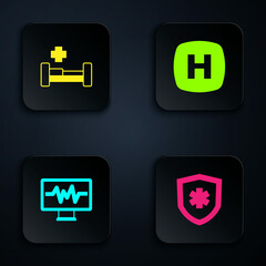 Fototapeta premium Set Life insurance, Hospital bed, Monitor with cardiogram and signboard. Black square button. Vector