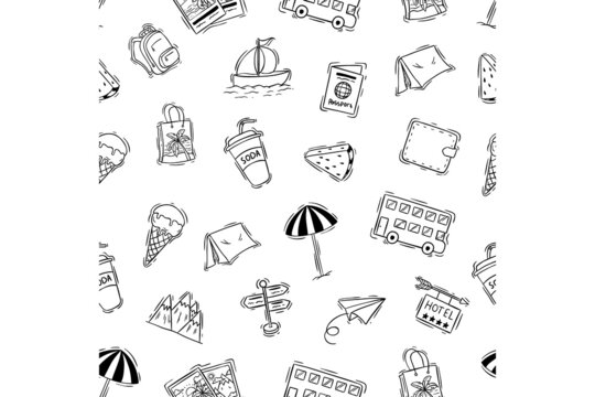 travel elements in seamless pattern with hand drawing style