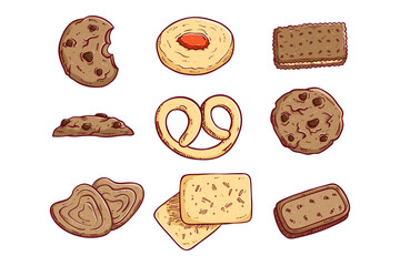 collection of tasty cookies or biscuits with colored hand drawing style