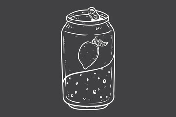 sketch style of lemon soda drink in the can with chalkboard background