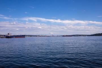 Mount Rainier during summer. View from Seattle Elliott Bay in Washington state.
