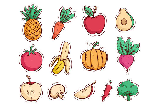 collection of kawaii fruit and vegetables with hand drawing style
