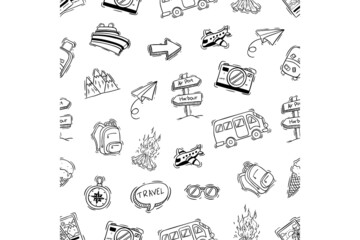 hand drawing travel elements in seamless pattern