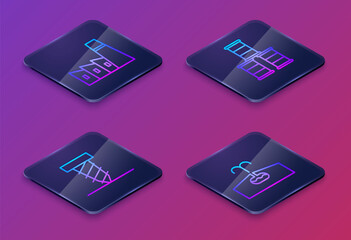 Set Isometric line Oil industrial factory building, Rotating drill digging a hole, Barrel oil and Oilfield. Blue square button. Vector