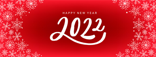 New year horizontal banner decorated with typography quote and date 2022 with borders of snowflakes on red background. EPS 10
