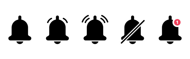 Set of Black Notification Bells and Silent Mode Concept Silhouette Icons. Bell with Red Button. Ringing Doorbells Icons for Mobile Phone App. Notice Symbol on Smartphone. Isolated Vector Illustration