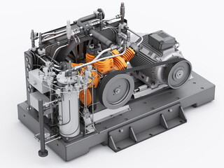 Industrial high pressure compressor with electric motor, belt drive, cylinder block. 3d Render