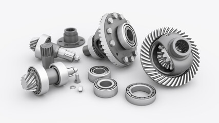 Disassembled differential. Bearings with gears on white background. 3d Render
