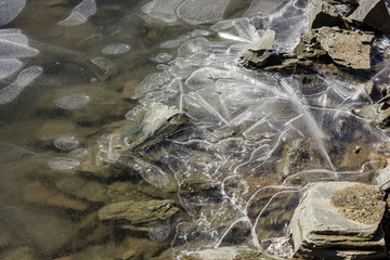 Texture and detail of broken fragments of ice trapped between the stones of a frozen lake in a remote Himalayan mountain.