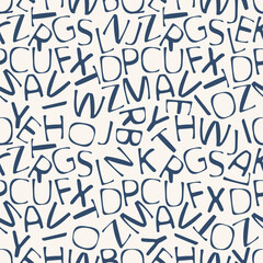 repeating seamless pattern, continuous letters, english alphabet, blue symbols on white background