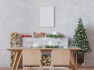 Mockup photo frame in dining room christmas theme interior