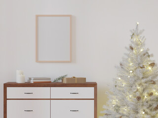 Mockup photo frame in living room christmas theme interior