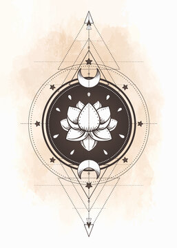 Lotus and Sacred Geometry. Ayurveda symbol of harmony and balance, and universe. Tattoo flesh design, yoga logo. Boho print, poster, t-shirt textile. Anti stress book. Isolated vector illustration.