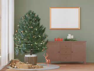 Mockup photo frame in living room christmas theme interior