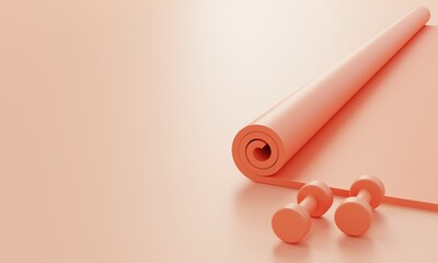 Sport fitness accessories set with yoga mat and dumbbell on pastel pink background. Fitness and sports object concept. Monocolor. 3D illustration rendering
