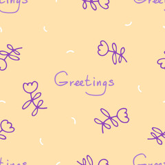 Charming holiday greeting vector pattern for different ideas. A delicate combination of cream beige and purple in cartoon colors with a calligraphic inscription with doodle flowers