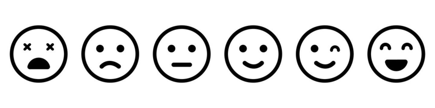 Emoticons Line Icon Set. Positive, Happy, Smile, Sad, Unhappy Faces Pictogram. Simple Emoji Collection. Customers Feedback Concept. Good and Bad Mood. Isolated Vector Illustration