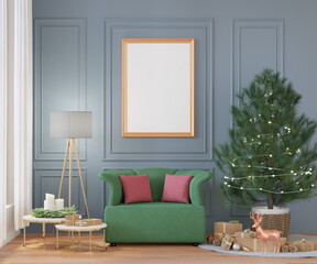Mockup photo frame in living room christmas theme interior