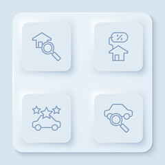 Set line Search house, House with percant, Car sharing and . White square button. Vector