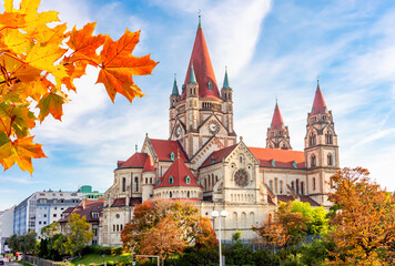 Fototapeta na wymiar St. Francis of Assisi Church in autumn, Vienna, Austria