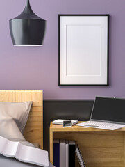 3D illustration Mockup photo frame in bedroom, rendering