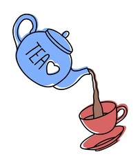 Teapot pouring tea into a tea cup line art illustration