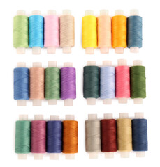 Set of colorful sewing threads on white background, top view