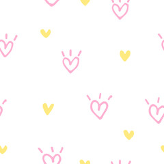 Cute cartoon festive vector pattern. Funny abstract hearts of pale pink and banana color on a white background. Universal uncomplicated patter, print or background