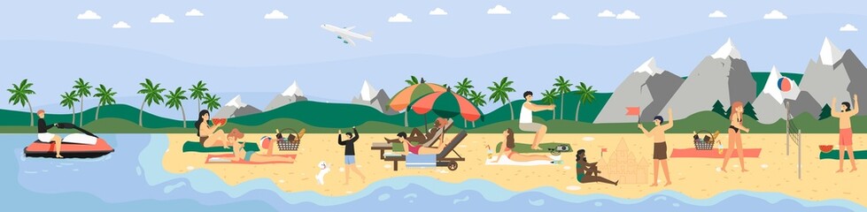 People enjoying tropical beach vacation, flat vector illustration. Summer beach activities. Travel. Summertime.