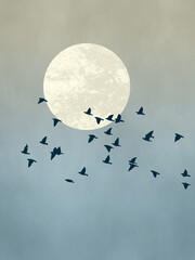 Abstrakte Illustration mit Vogelschwarm bei Vollmonddekoration am dramatischen Himmel