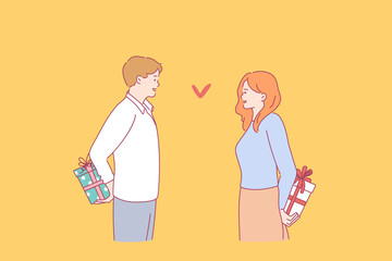 Valentines day celebrating and surprise concept. Young smiling couple man and woman standing opposite each other hiding holiday gift boxes over backs vector illustration 