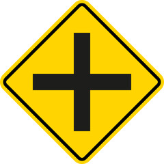 Cross road intersection sign. Yellow diamond background. Traffic signs and symbols.