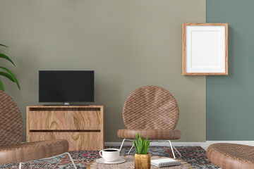 3D illustration Mockup photo frame in living room rendering