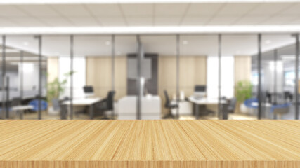wood desk on blurry office background,mock up,3d rendering
