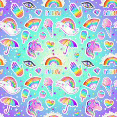 Colorful seamless rainbow pattern: candies, sweets, ice cream, unicorn,umbrella, hand. Vector illustration. Stickers, pins, patches. Halloween pastel colors. Cute gothic style