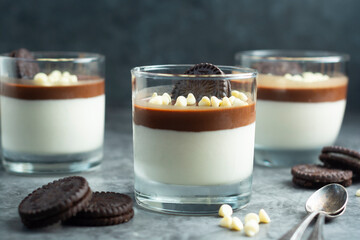 Vanilla and chocolate Panna cotta with cookies and white chocolate in glasses. Delicious dessert.