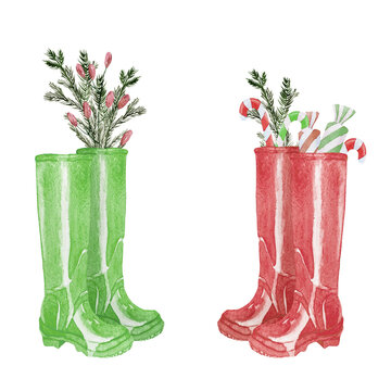 Watercolor christmas green and red wellies with fir branches