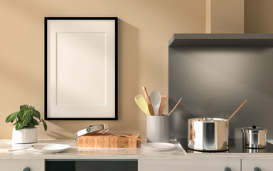 3D Mockup photo frame in kitchen room rendering