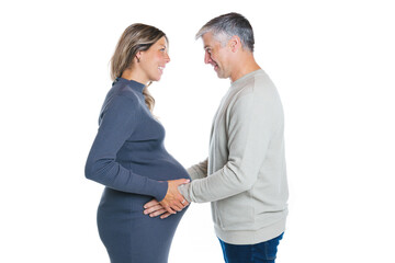 caucasian couple expecting baby smiling cheerful isolated studio on white background