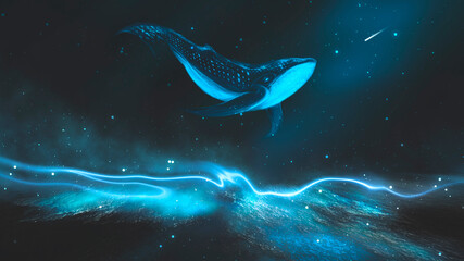Obraz na płótnie Canvas Abstract night fantasy landscape with an island, a whale in the sky, a dark fantasy scene, an unreal world, a fish, a whale, a sperm whale. Reflection of neon light, water, depths of the sea. 3D 