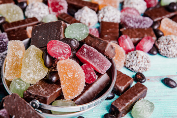 Assortment of delicious chocolate candies background. Chocolate candy isolated 