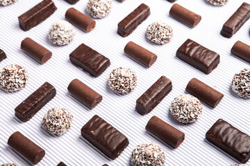 Assortment of delicious chocolate candies background. Chocolate candy isolated 