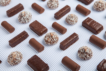 Assortment of delicious chocolate candies background. Chocolate candy isolated 