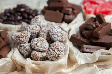 Assortment of delicious chocolate candies background. Chocolate candy isolated 