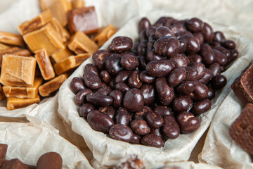 Assortment of delicious chocolate candies background. Chocolate candy isolated 